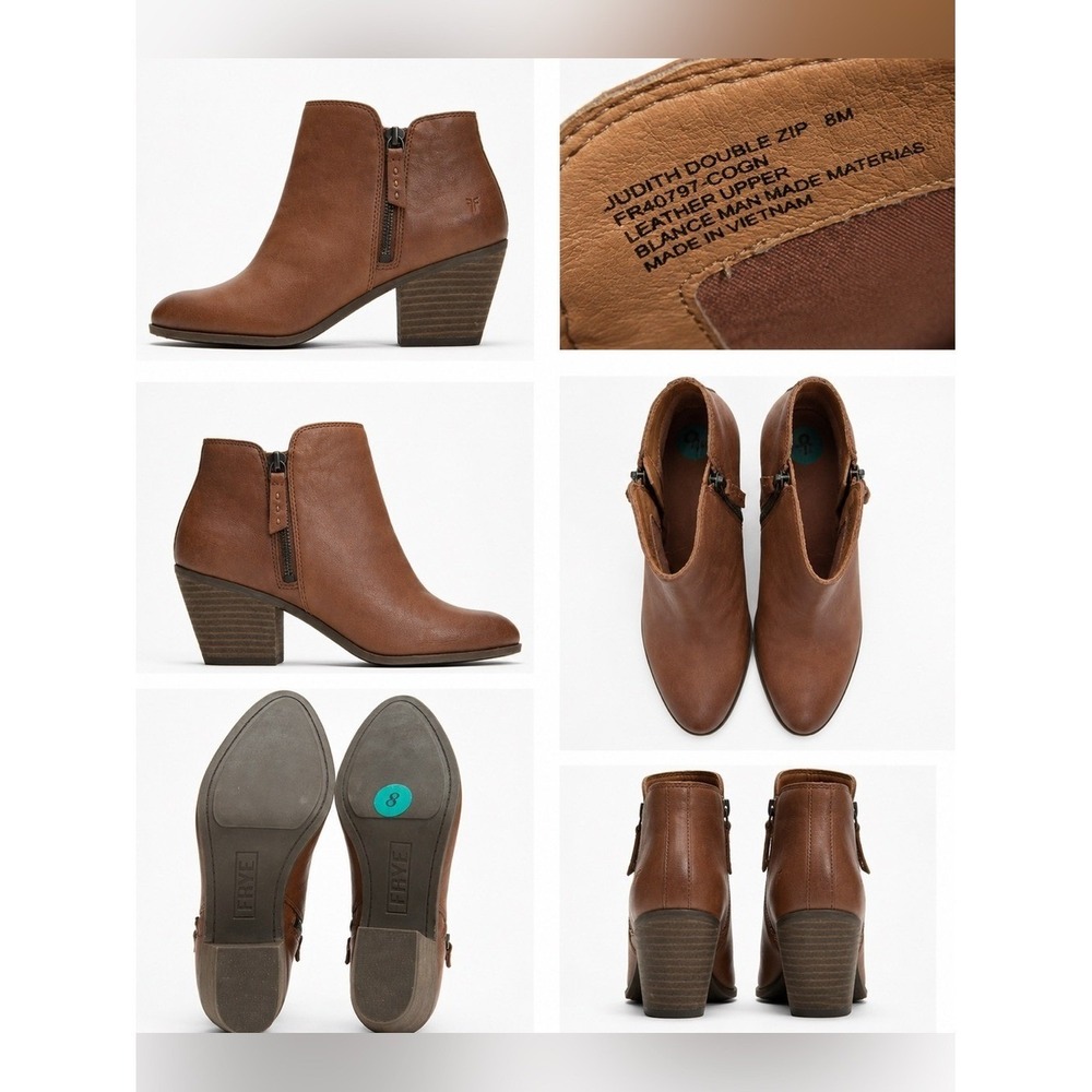 NWT Frye Leather Double Zip Ankle Booties Cognac Brown Block Heel Size 8M